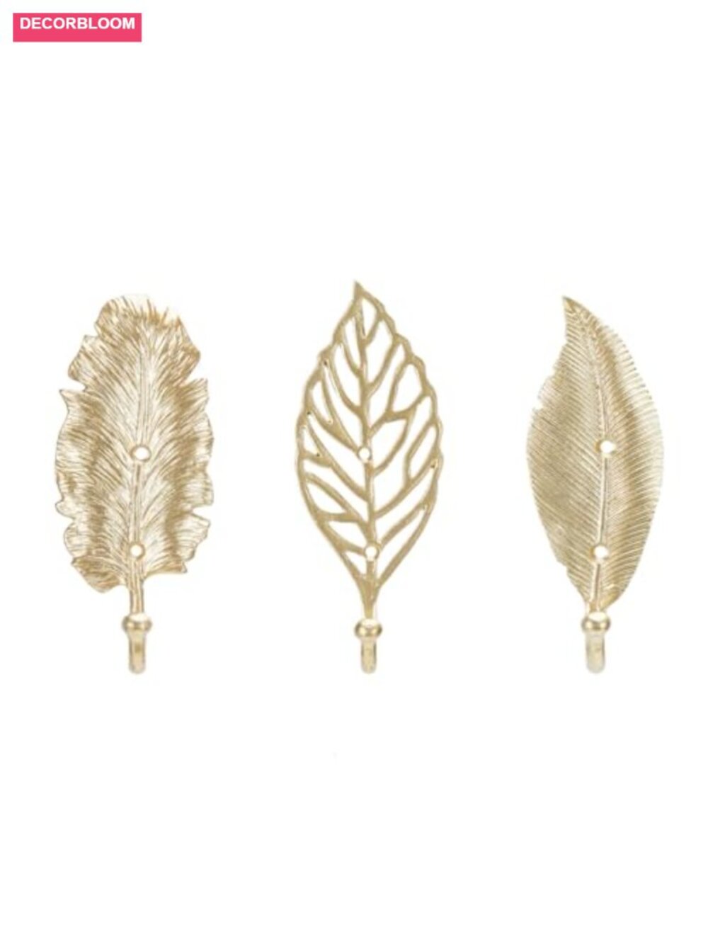 Set of 3 Pewter Vintage Single Hooks Gold Leaves Retro Ornate Wall Coat Hat
